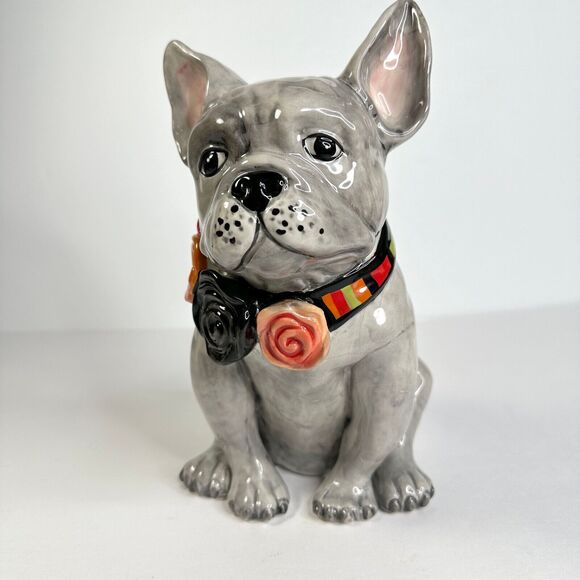 Gray Ceramic French Bulldog with Flowers Blue Sky Clayworks by Goldminc 2021 - Picture 1 of 8